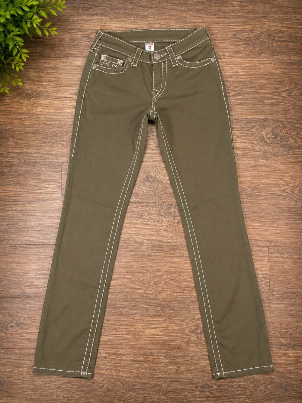 True Religion Curvy Skinny Jeans in Olive Green with Thick Stitching